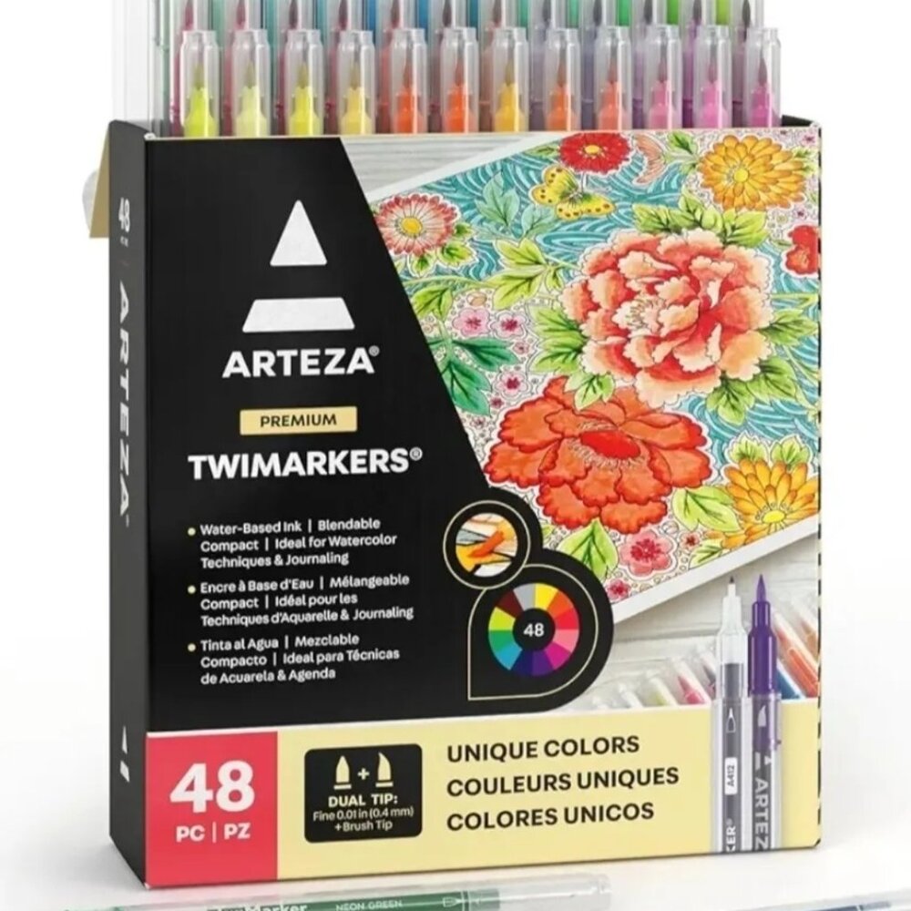 Arteza Dual brush pens, Art Markers with dual brush tip, 48 colors.